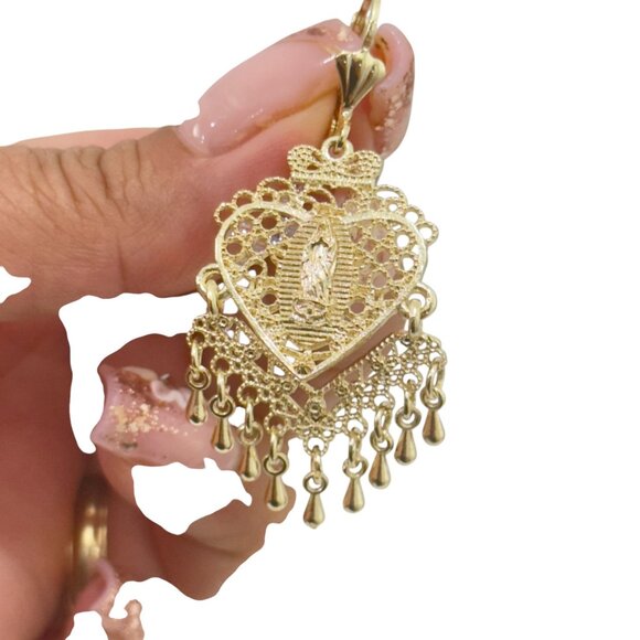 NEW Gold Filled Gold Filigree Heart Dangle Earrings With Virgin Mary Design - Picture 6 of 6